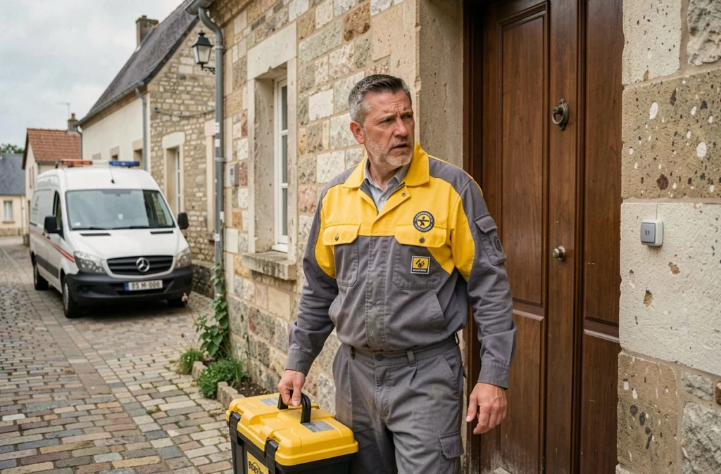 Plombier de ChronoServe Plomberie Vendée arrivant en urgence devant une maison vendéenne avec sa boîte à outils