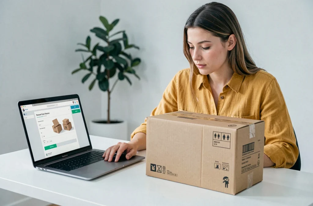 Jeune femme comparant les dimensions de deux colis devant un guide de tailles Mondial Relay sur son ordinateur portable