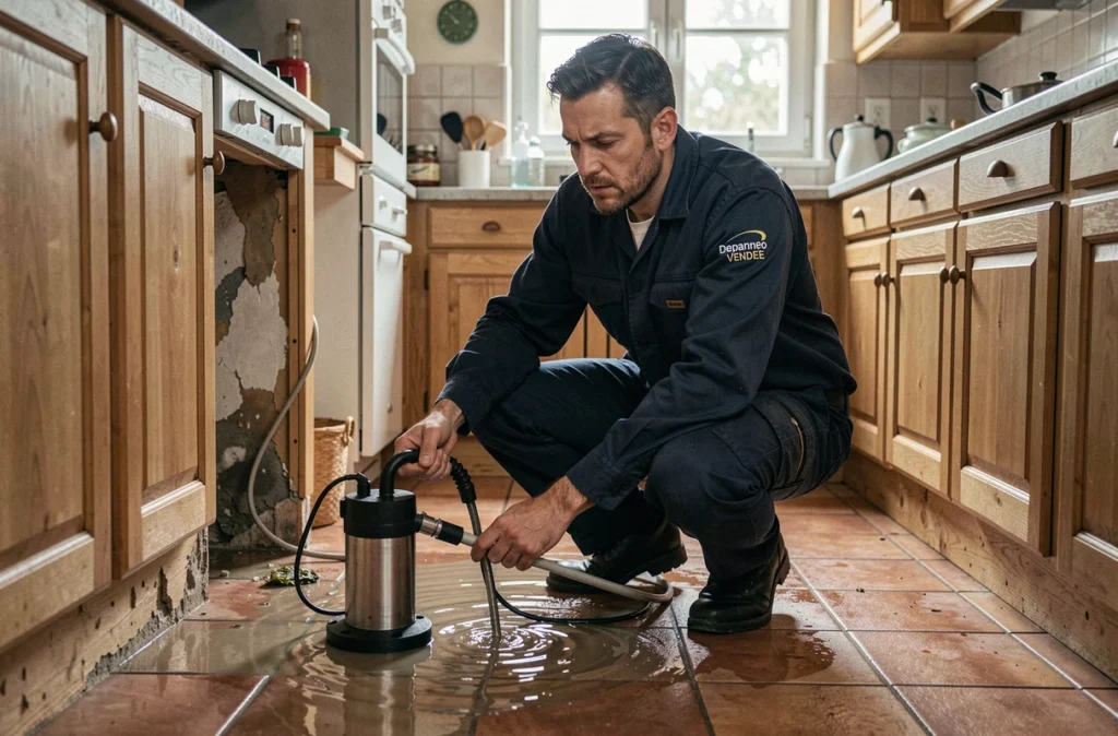 Technicien Depanneo Vendée intervenant en urgence pour pomper une inondation dans une cuisine vendéenne