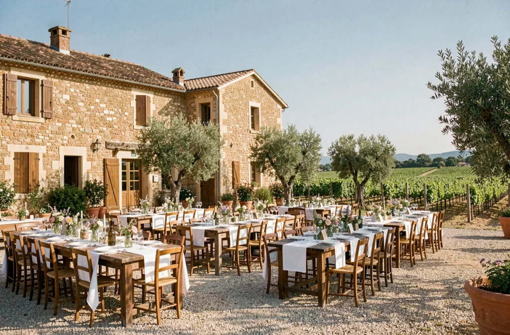 Domaine des Blaques en Provence avec cour en gravier décorée pour une réception en plein air