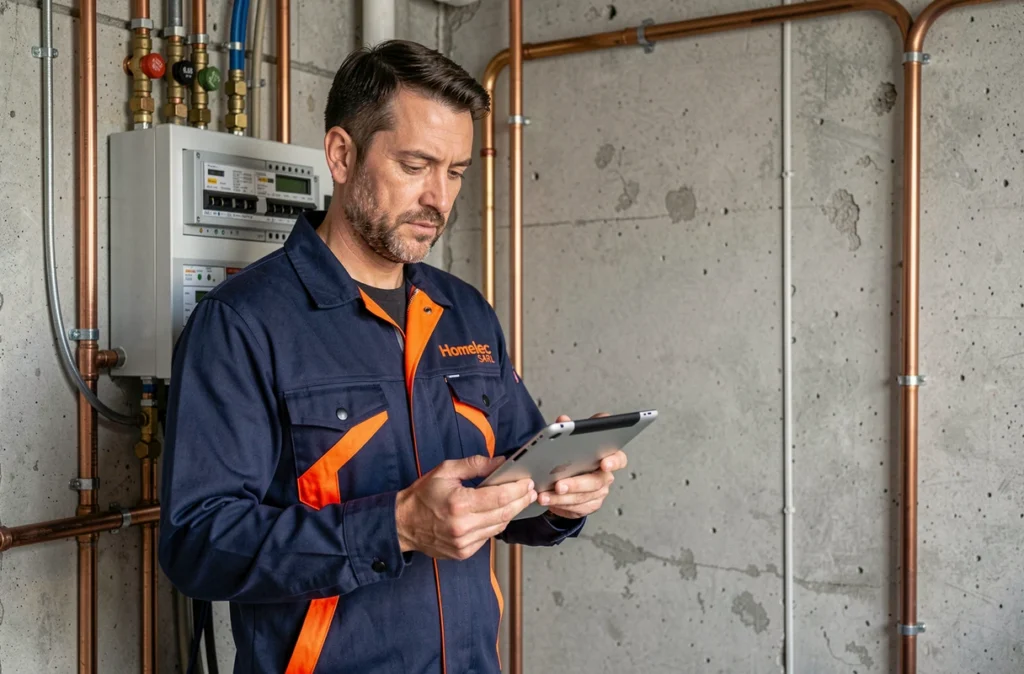 Technicien Homelec SARL diagnostiquant une installation avec une tablette dans un local technique vendéen