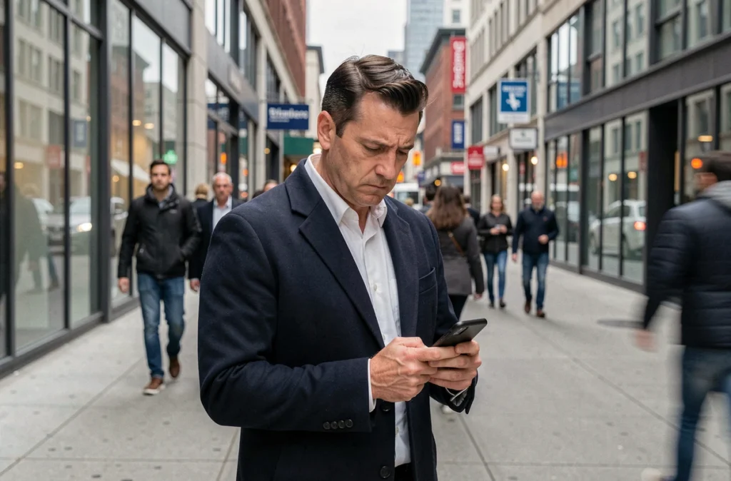 Homme seul dans la rue consultant son téléphone, symbolisant l'isolement numérique et la cancel culture