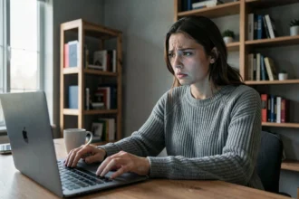 Jeune femme anxieuse devant son ordinateur portable, illustrant la pression des réseaux sociaux et la cancel culture