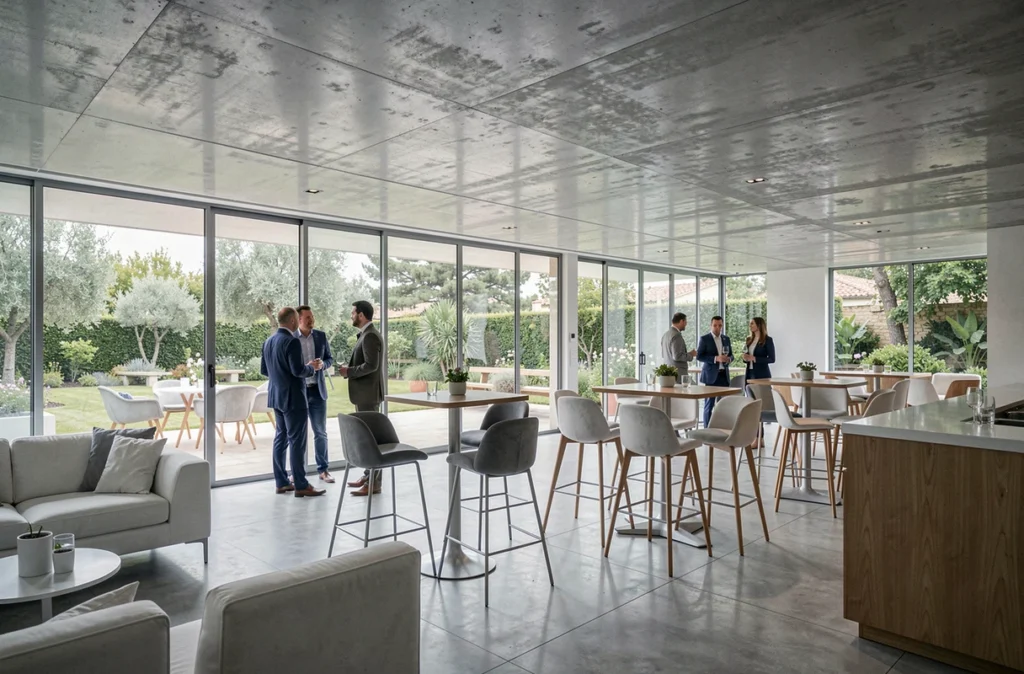 L'Evento, espace événementiel moderne avec façade vitrée ouvrant sur une terrasse jardin privée