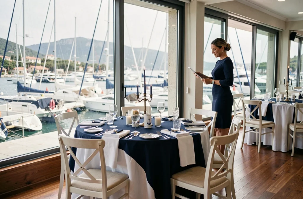 Salle de réception La Nautique avec vue panoramique sur un port de plaisance de la Côte d'Azur