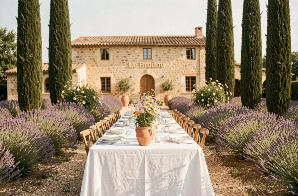 Le Brudou, bastide provençale en pierre entourée de lavande avec table de réception dressée en plein air
