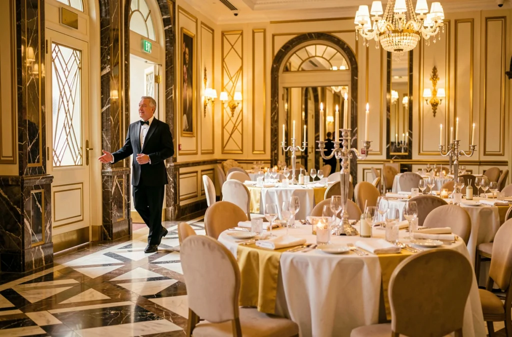 Le Riviera, salle de réception Art Déco sur la Côte d'Azur avec sol en marbre et lustres dorés