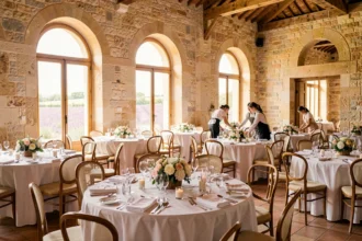 Salle de réception élégante en Provence-Alpes-Côte d'Azur avec tables dressées et décoration florale