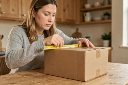 Femme mesurant un colis carton avec un ruban à mesurer sur une table en bois pour respecter les dimensions Mondial Relay