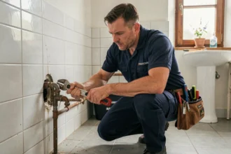 Plombier d'urgence en intervention dans une salle de bain en Vendée, outil en main face à une fuite d'eau