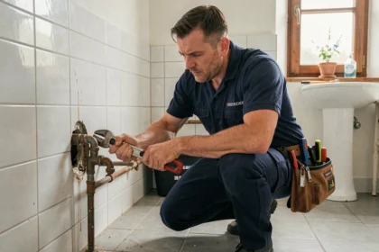 Plombier d'urgence en intervention dans une salle de bain en Vendée, outil en main face à une fuite d'eau