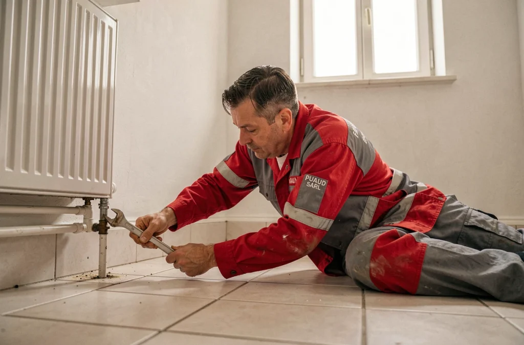 Technicien PUAUD SARL en train de réparer un radiateur sous une salle de bain en Vendée