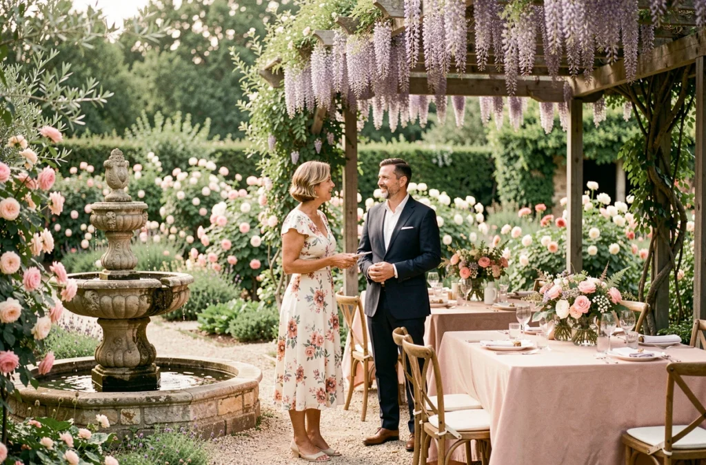 Réception Côté Jardin en Provence avec pergola couverte de glycine et tables dressées parmi les rosiers en fleurs