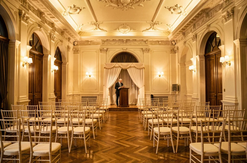 Salle Félix Martin avec plafond à moulures ornées, parquet et chaises Chiavari disposées face à une scène