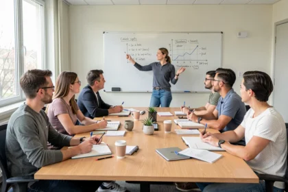 Des adultes en formation autour d'une table avec leur formateur