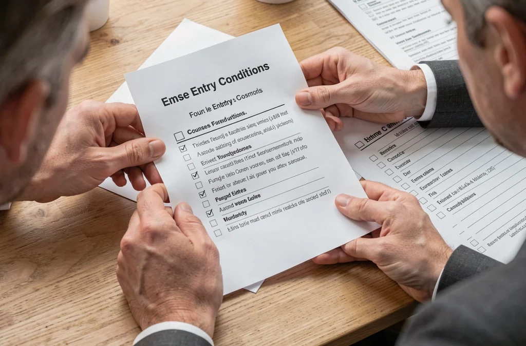 Deux personnes comparent une fiche de formation et une liste de conditions