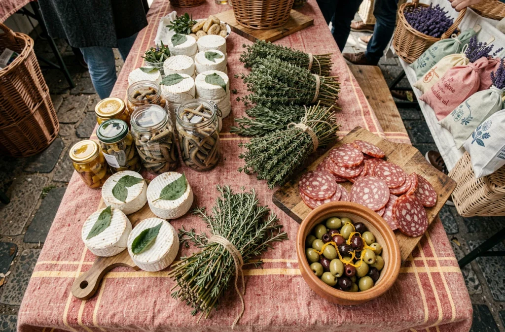 Étal du marché de Port Argelès avec fromages de brebis, anchois, olives marinées et herbes séchées du terroir catalan