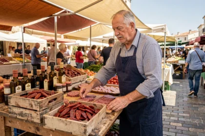 Vendeur catalan au marché de Port Argelès proposant des produits du terroir : huile d'olive, tomates séchées et charcuterie locale